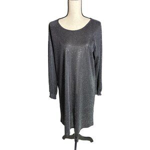 Nina Leonard Black Sequin Dress Smock Long Sleeve Pockets Lined Size Large